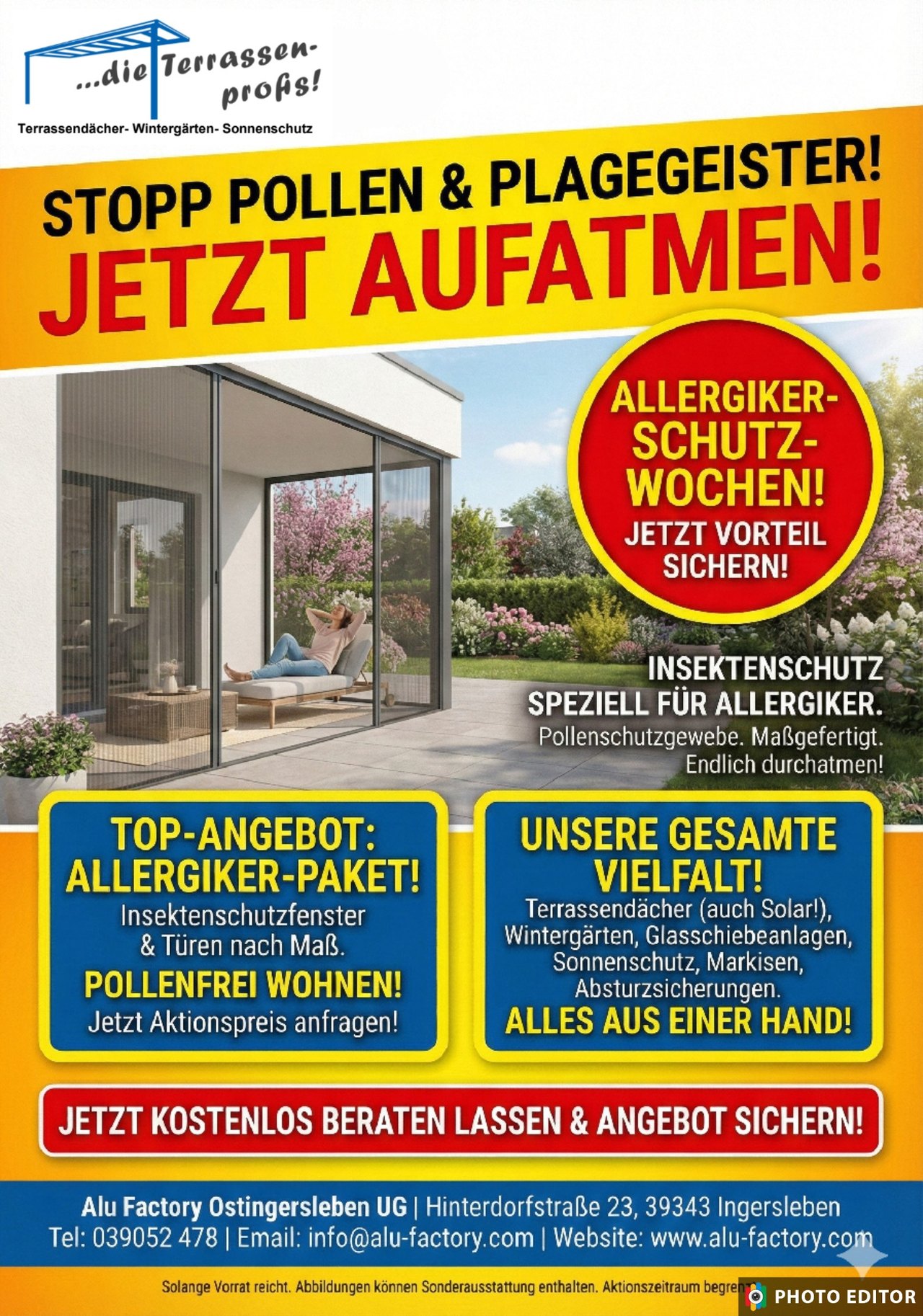 Werbung für Terrassendächer, Wintergärten und Sonnenschutz mit einer Person, die auf einer Terrasse entspannt.