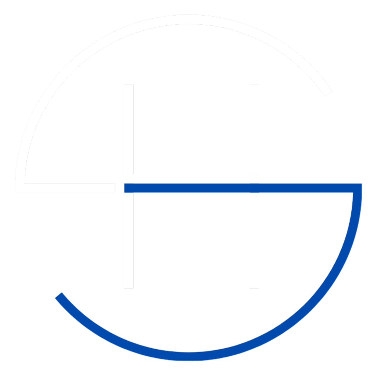Weißes "SH"-Monogramm mit blauem Querbalken und umgebendem Bogen auf dunkelgrünem Hintergrund.