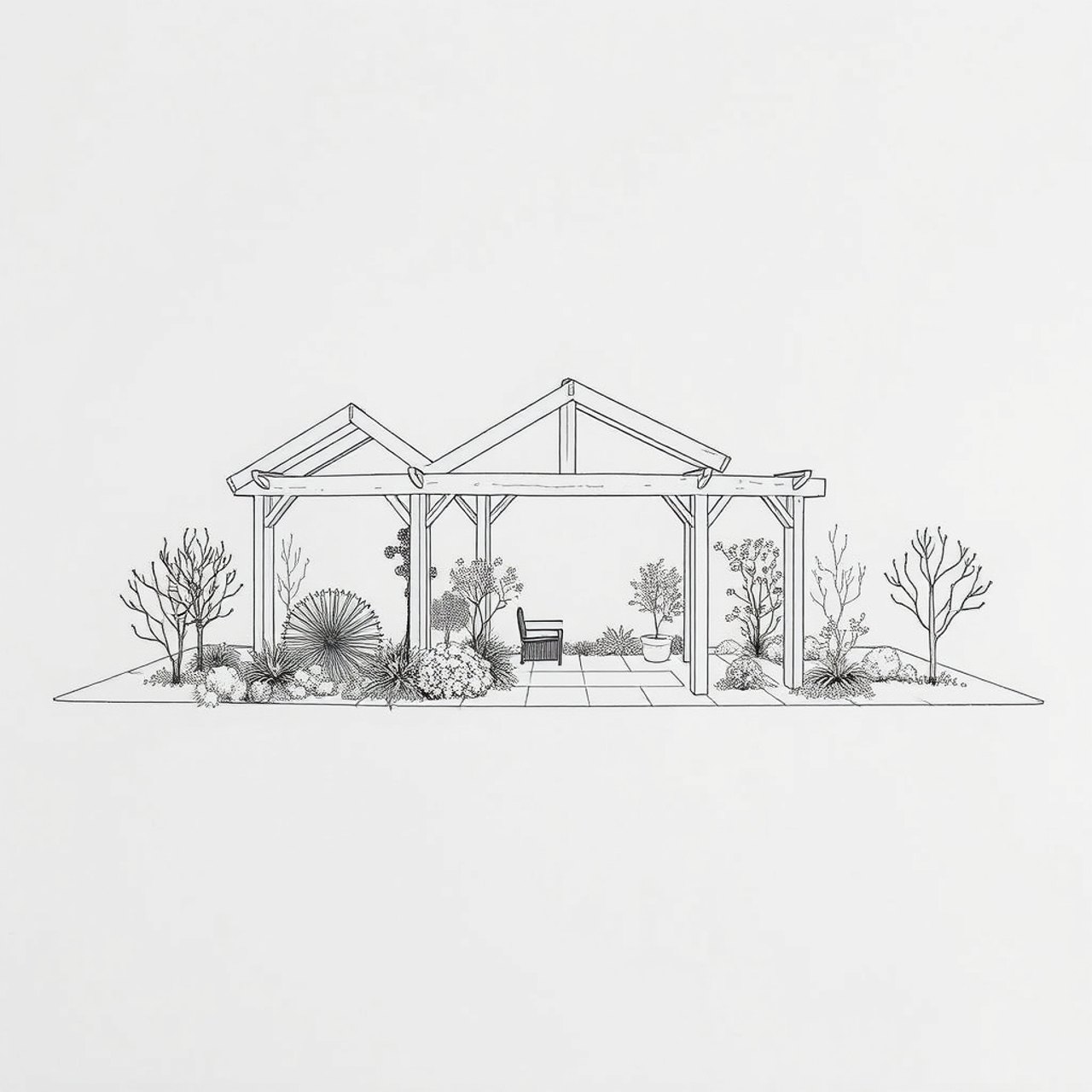 Lineare Zeichnung einer Holzpergola mit Pflanzen, Bäumen und einem Gartenstuhl auf einer Terrasse.